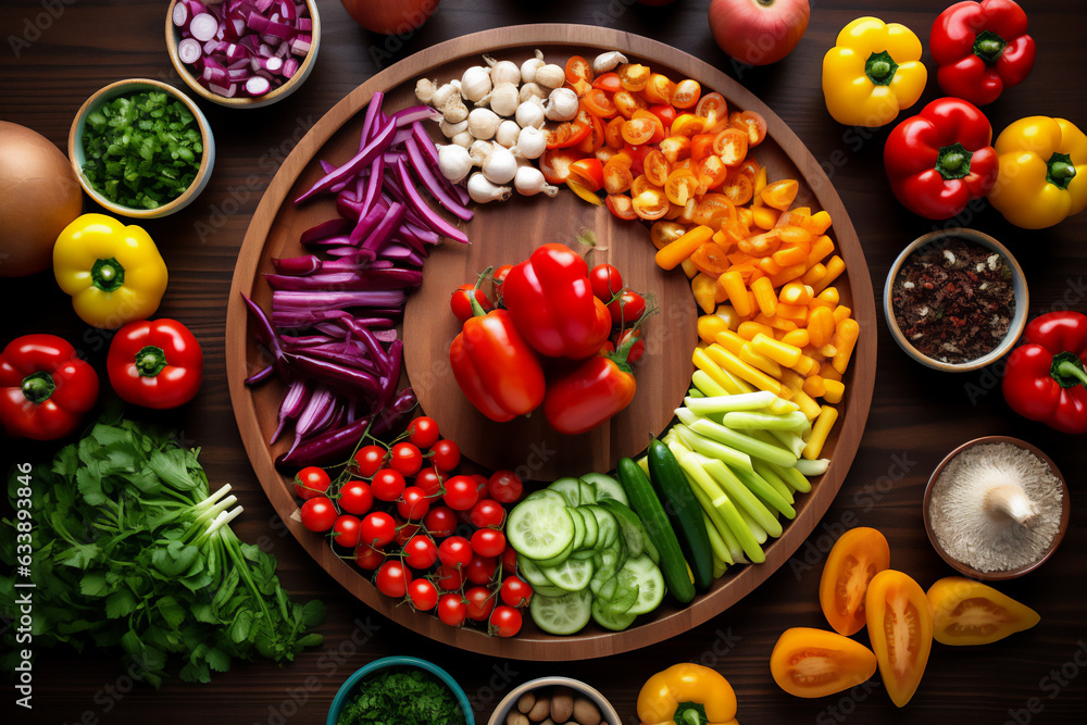 A variety of vegetables in many colors seen from above on a wooden kitchen counter. Naturally lit surroundings in boho style. A variety of vegetables in many colors seen from above on a wooden kitchen counter. Naturally lit surroundings in boho style.