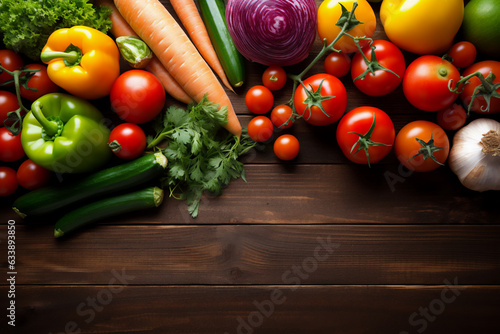 A variety of vegetables in many colors seen from above naturally lit in a boho style. Scene on a wooden kitchen countertop.