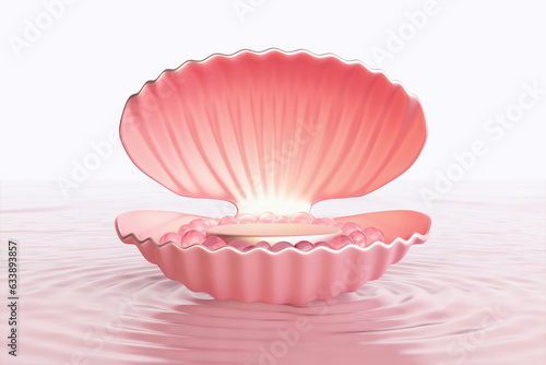 Pink gold mother of pearl shell platform and podium on water luxury elegant with pink pearls crystal balls pink background. Pedestal advertising display cosmetic, beauty products. 3D Illustration. photo