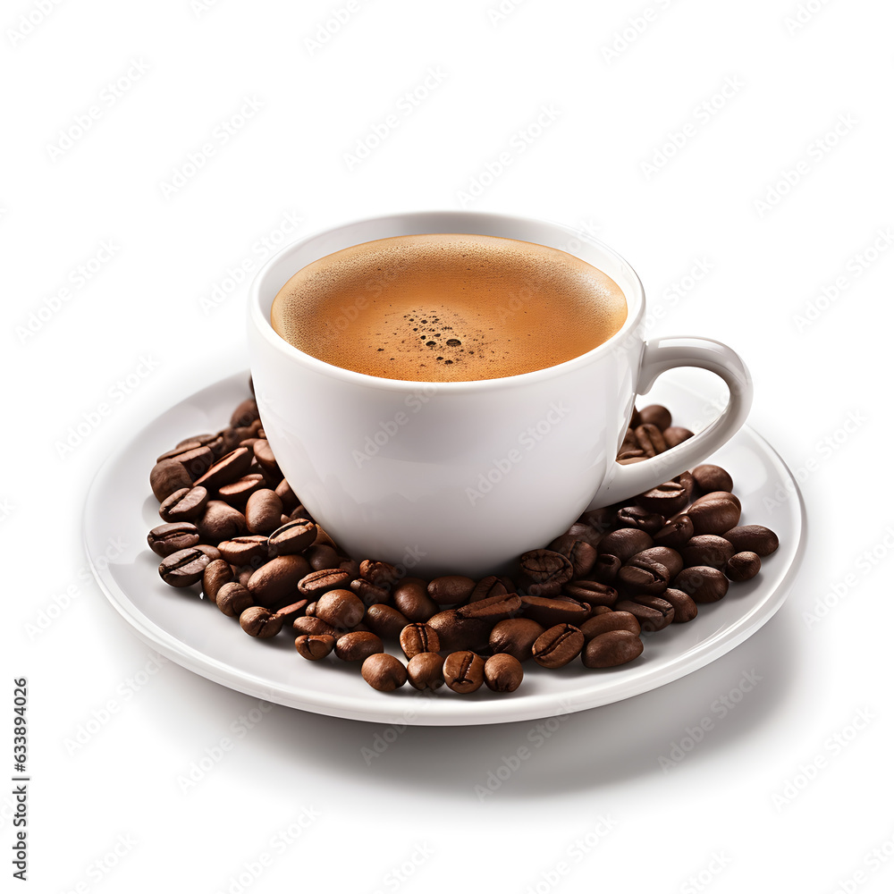 White coffee mug set on saucer with roasted coffee beans, white background White coffee mug set on saucer with roasted coffee beans, white background