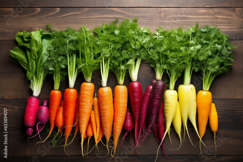 Different species of carrots in many colors seen from above naturally lit in a boho style. Scene on a wooden kitchen countertop.