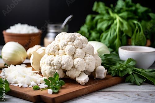 Cauliflowers on a wooden kitchen counter. Naturally lit surroundings in boho style.