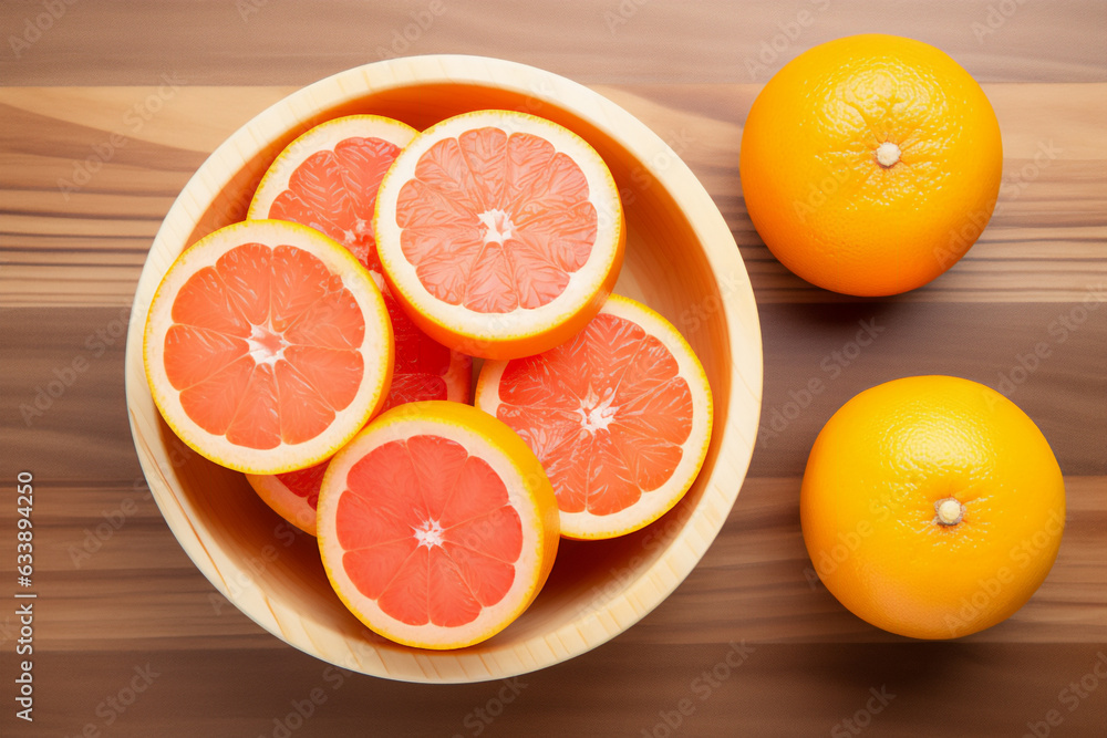 Fototapeta premium Grapefruit on a wooden kitchen counter. Naturally lit surroundings in boho style.