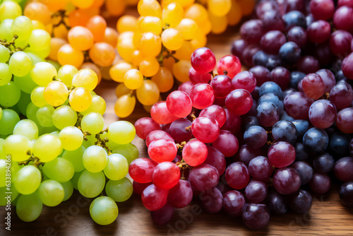 Multicolored grapes naturally lit in a boho style. Scene on a wooden kitchen countertop.