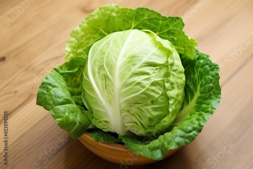 Green cabbage naturally lit in a boho style. Scene on a wooden kitchen countertop.