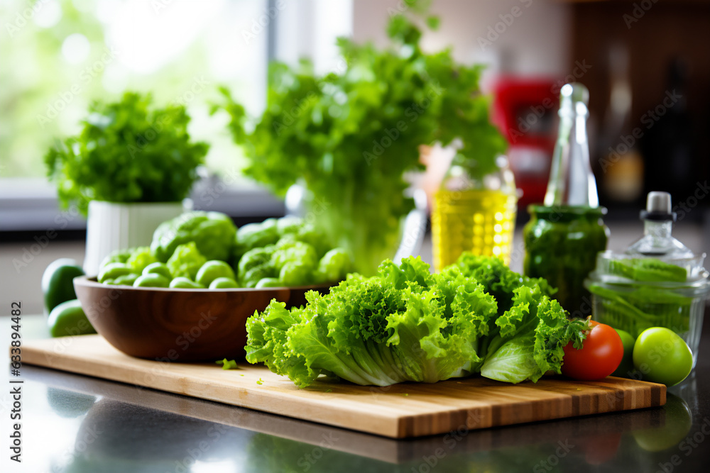 Lettuce on a wooden kitchen counter. Naturally lit surroundings in boho style. Lettuce on a wooden kitchen counter. Naturally lit surroundings in boho style.