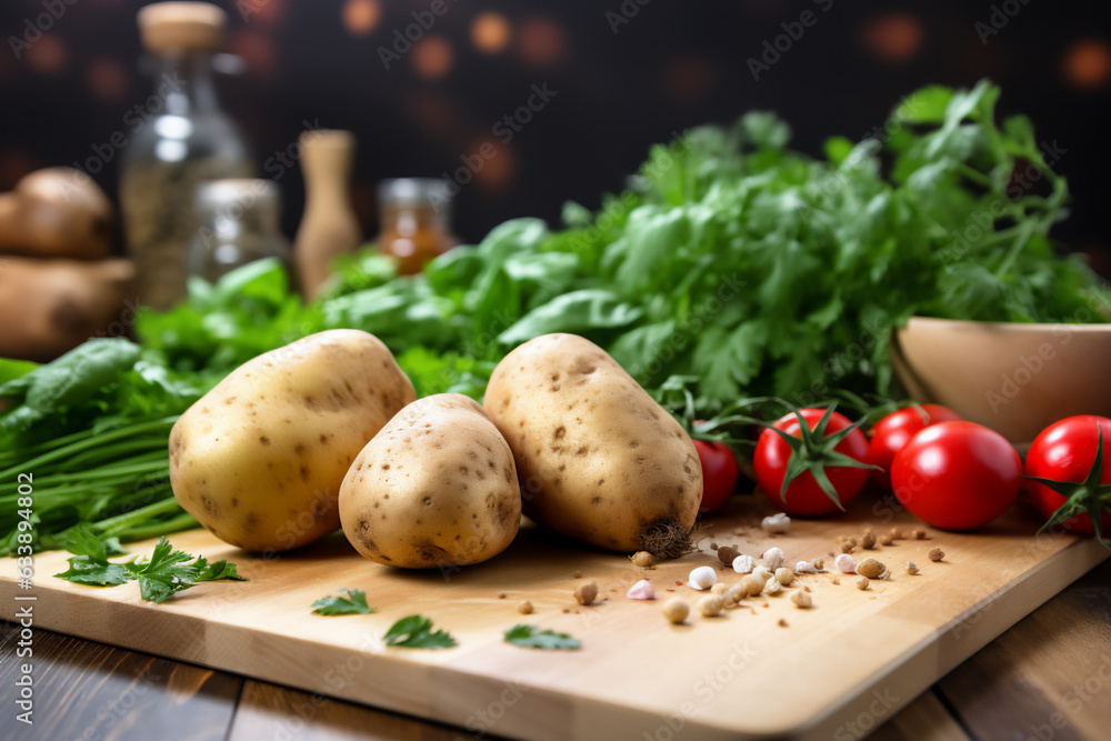 Potato naturally lit in a boho style. Scene on a wooden kitchen countertop. Potato naturally lit in a boho style. Scene on a wooden kitchen countertop.