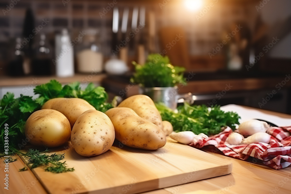 Potato on a wooden kitchen counter. Naturally lit surroundings in boho style. Potato on a wooden kitchen counter. Naturally lit surroundings in boho style.