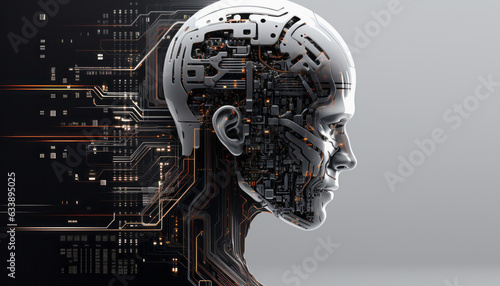 Abstract digital cyborg face. Artificial intelligence concept. Future Head Data Network Technology