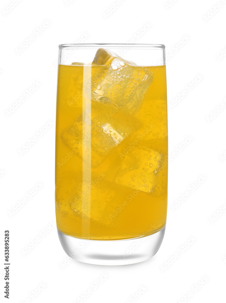 Glass of refreshing soda water with ice cubes isolated on white Glass of refreshing soda water with ice cubes isolated on white