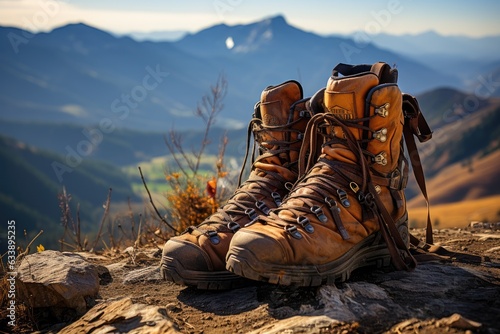 Treasures of the Trail: Close-up View of Hiking Boots, Walking Sticks, or Backpacks, Resting on a Mountain Path, Embodying the Gear that Ignites Journeys Generative AI