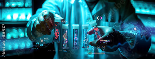 Obraz na płótnie scientist holding medical testing tubes or vials of medical pharmaceutical resea