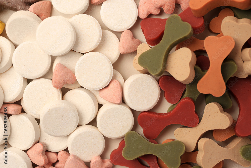 Many different vitamins for pets as background, top view Many different vitamins for pets as background, top view