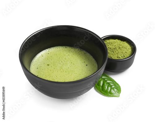 Cup of fresh matcha tea and green powder isolated on white