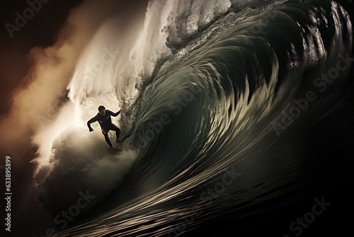 Waves of Artistry: Mid-Wave Shot Showcasing a Surfer's Performance, Side or Rear Perspective, Embracing the Ocean's Energy and the Skill of the Surfer, Features Concealed Generative AI