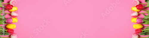 Beautiful tulips on pink background, flat lay. Banner design with space for text © New Africa