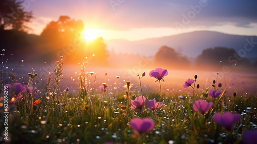 wild flowers on wild field at morning drops of dew and sun beam light