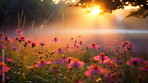 wild flowers on wild field at morning drops of dew and sun beam light summer landscape