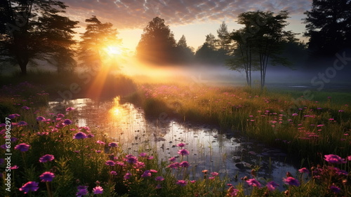 wild flowers on wild field at morning drops of dew and sun beam light