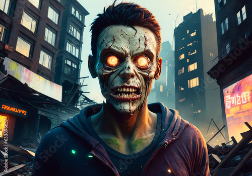 Scary zombie man on the background of the city, zombie Apocalypse. Halloween concept. 