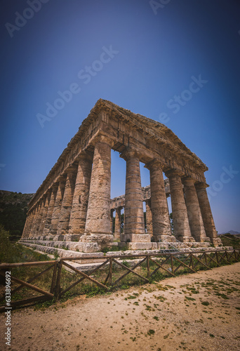 Ruins of Greek temple in ancient city of Segesta, Sicily, Italy. June 2023