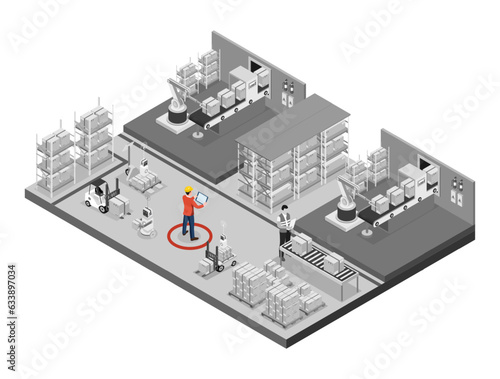 Fototapeta Naklejka Na Ścianę i Meble -  Smart warehouse technology. Automated warehouse robots. AI routes autonomous rovers and manages a smart warehouse. Vector illustration EPS 10