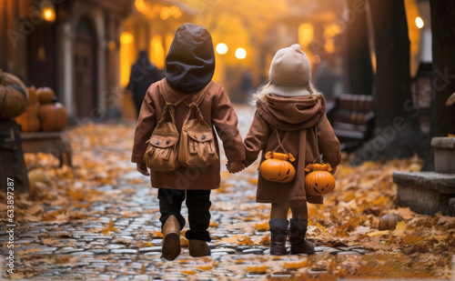 Children holding hands walking on Thanksgiving Day. Generative AI © perpis