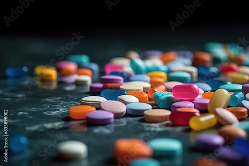 different pills and medications on black background. Generative AI illustration
