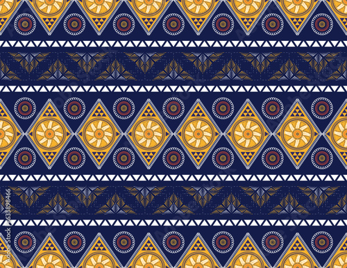 Geometric ethnic oriental seamless pattern design. Design for background, carpet, wallpaper, clothing, wrapping, fabric, rug, and scarf. Embroidery style. Vector illustration. Indian pattern.