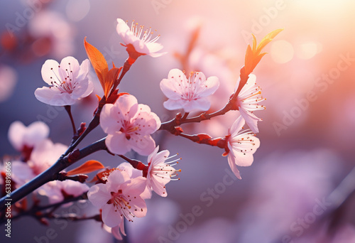 blossoming cherry tree, in the style of soft pastel hues, golden light, photo-realistic landscapes, light indigo and pink.