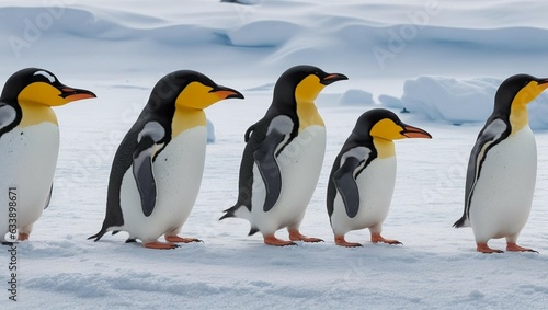 a group of penguins walking in the snow