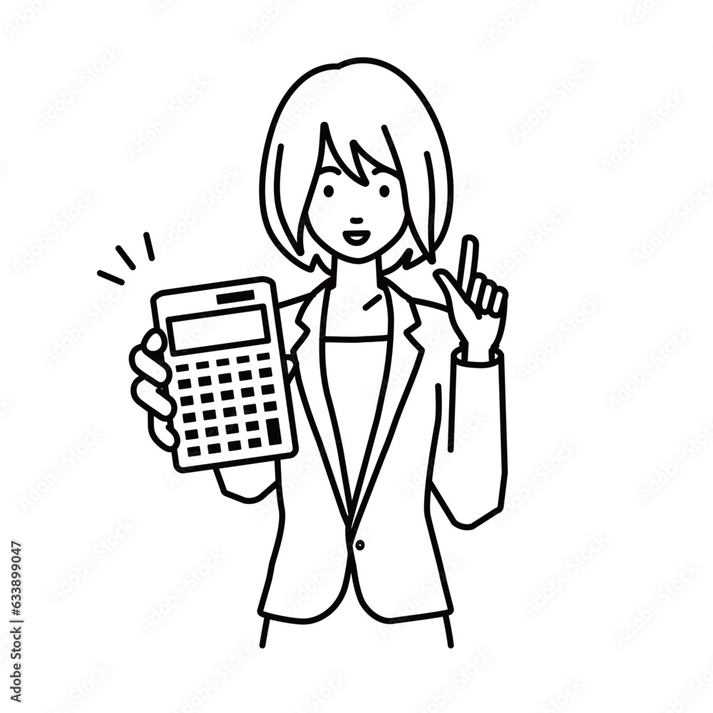 a woman in business suit style recommending, proposing, showing estimates and pointing a calculator with a smile a woman in business suit style recommending, proposing, showing estimates and pointing a calculator with a smile