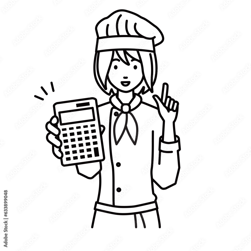 a woman cook recommending, proposing, showing estimates and pointing a calculator with a smile