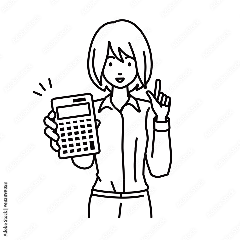 a woman in shirt work style recommending, proposing, showing estimates and pointing a calculator with a smile a woman in shirt work style recommending, proposing, showing estimates and pointing a calculator with a smile
