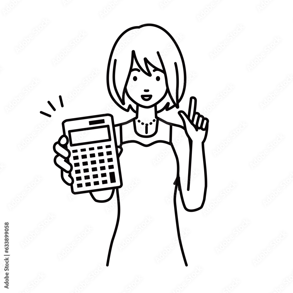 a woman in dress recommending, proposing, showing estimates and pointing a calculator with a smile a woman in dress recommending, proposing, showing estimates and pointing a calculator with a smile