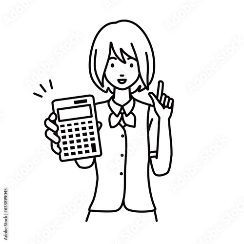 a woman in clerical uniform recommending, proposing, showing estimates and pointing a calculator with a smile