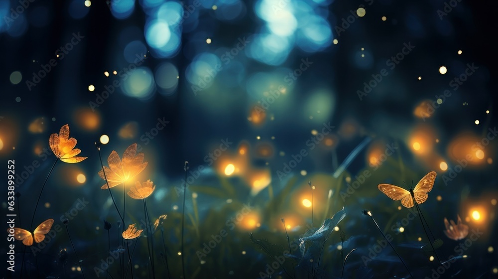 Magic forest floor background with fireflies and illuminated butterflies