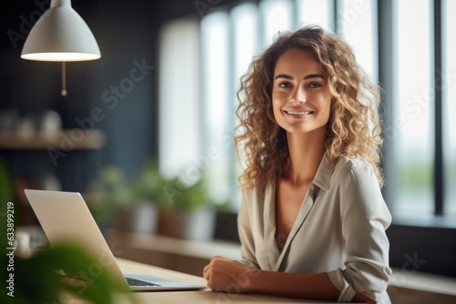 Young smiling businesswoman sitting at her desk in a light-filled modern office