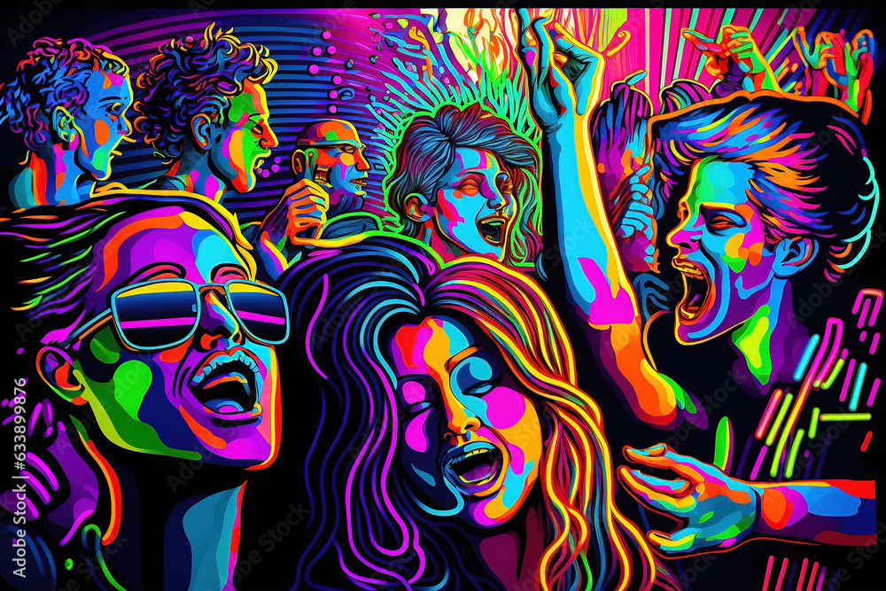 Neon psychedelic happy party people raging.  Generative AI.
