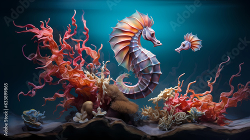 A tranquil underwater world showcasing seahorses clinging to coral branches