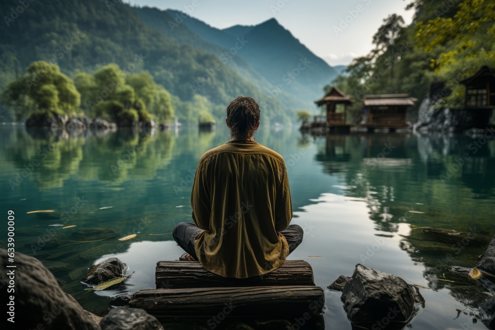 A cinematic moment captures an individual deep in meditation beside a tranquil lake, embracing a complete digital detox retreat.