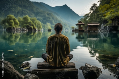A cinematic moment captures an individual deep in meditation beside a tranquil lake, embracing a complete digital detox retreat. © Kishore Newton