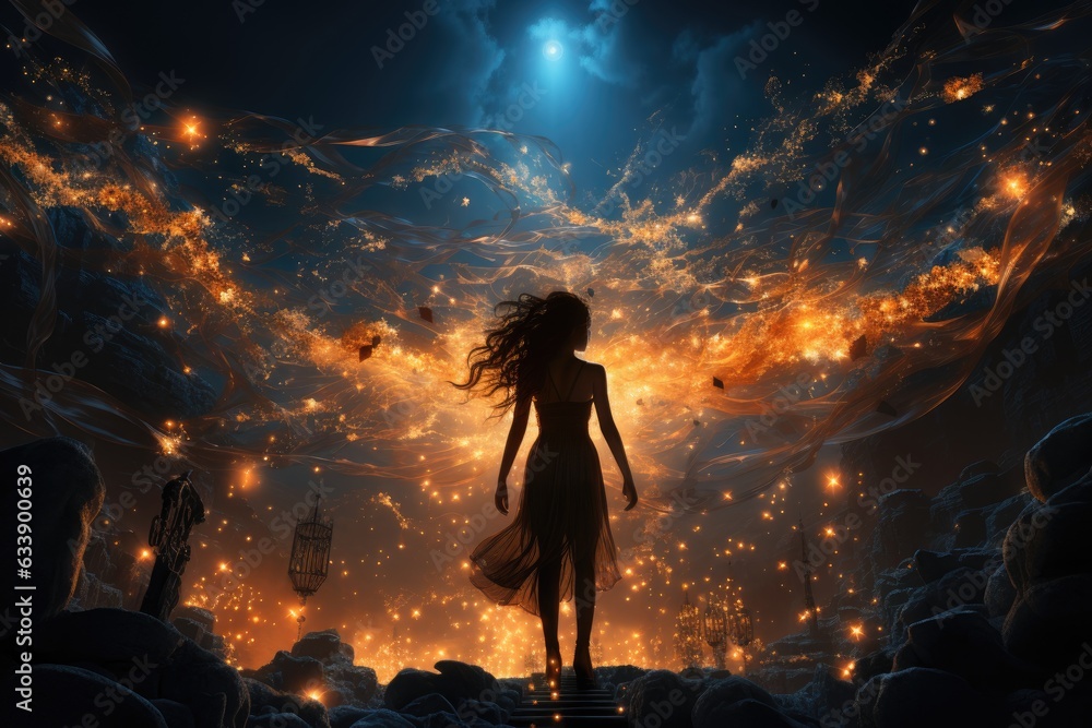 Celestial Voyage: Body Silhouette Against a Mesmerizing Starlit Sky, Suspended or Soaring, Evoking an Enchanted, Otherworldly Journey Generative AI

