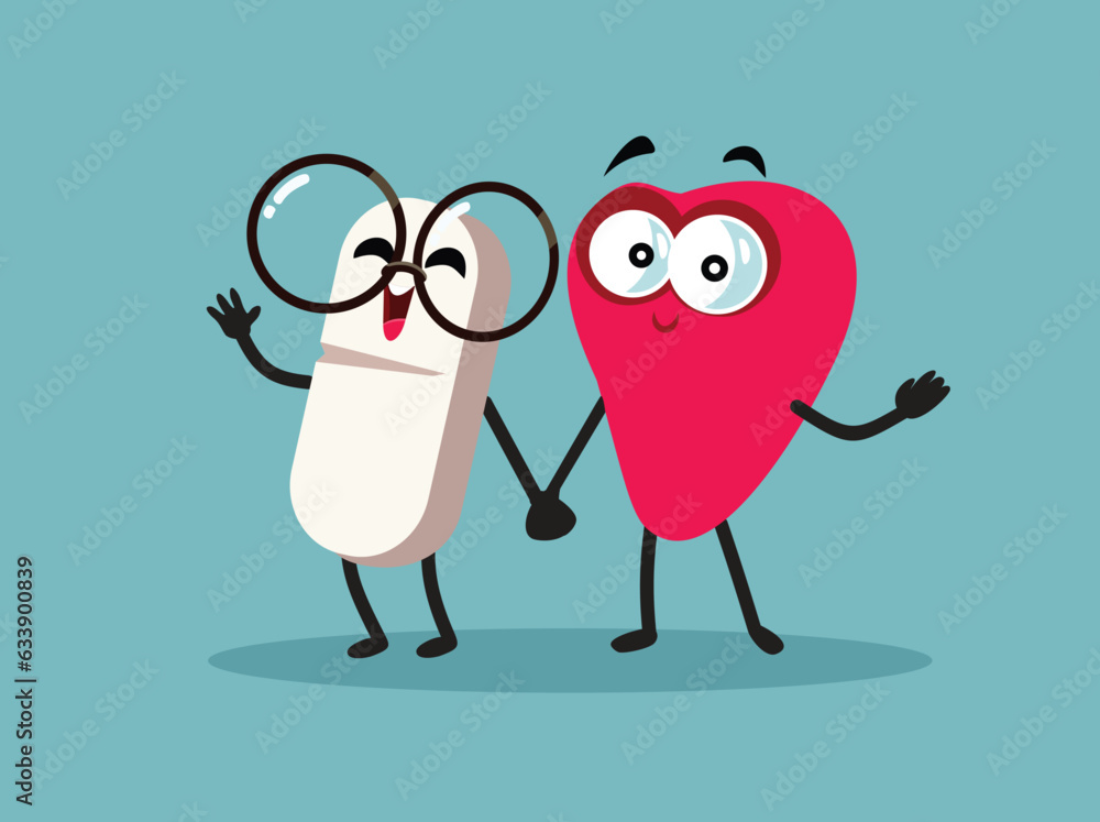 Heart and Treatment Pill Going Hand in Hand Vector Funny Medical Cartoon. Cardiology cure prescription medicine and internal organ characters
