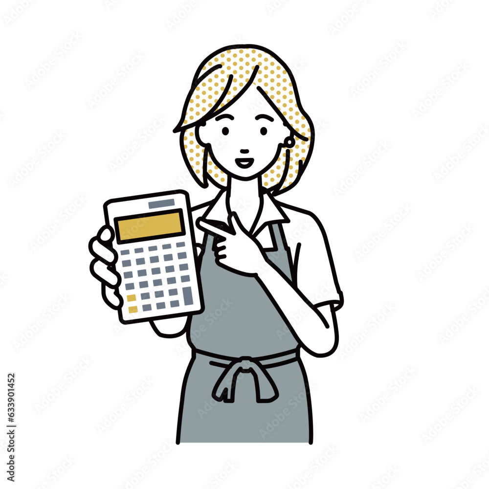 a woman in cafe apron recommending, proposing, showing estimates and pointing a calculator with a smile a woman in cafe apron recommending, proposing, showing estimates and pointing a calculator with a smile