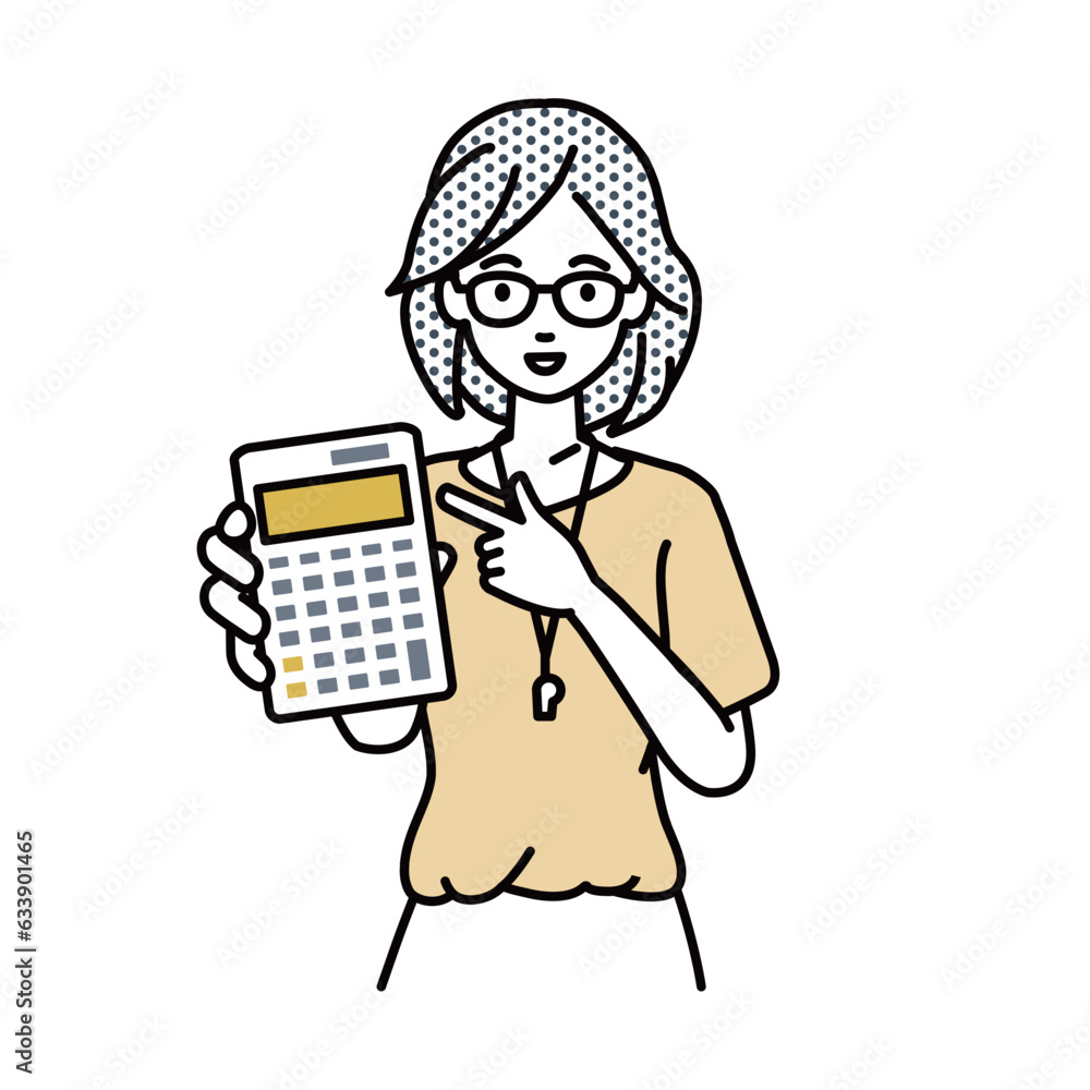 a woman teacher recommending, proposing, showing estimates and pointing a calculator with a smile a woman teacher recommending, proposing, showing estimates and pointing a calculator with a smile