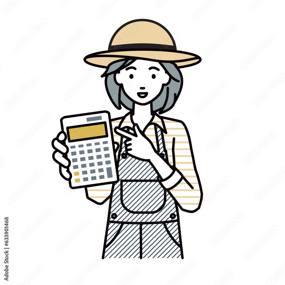 a farmer woman recommending, proposing, showing estimates and pointing a calculator with a smile a farmer woman recommending, proposing, showing estimates and pointing a calculator with a smile