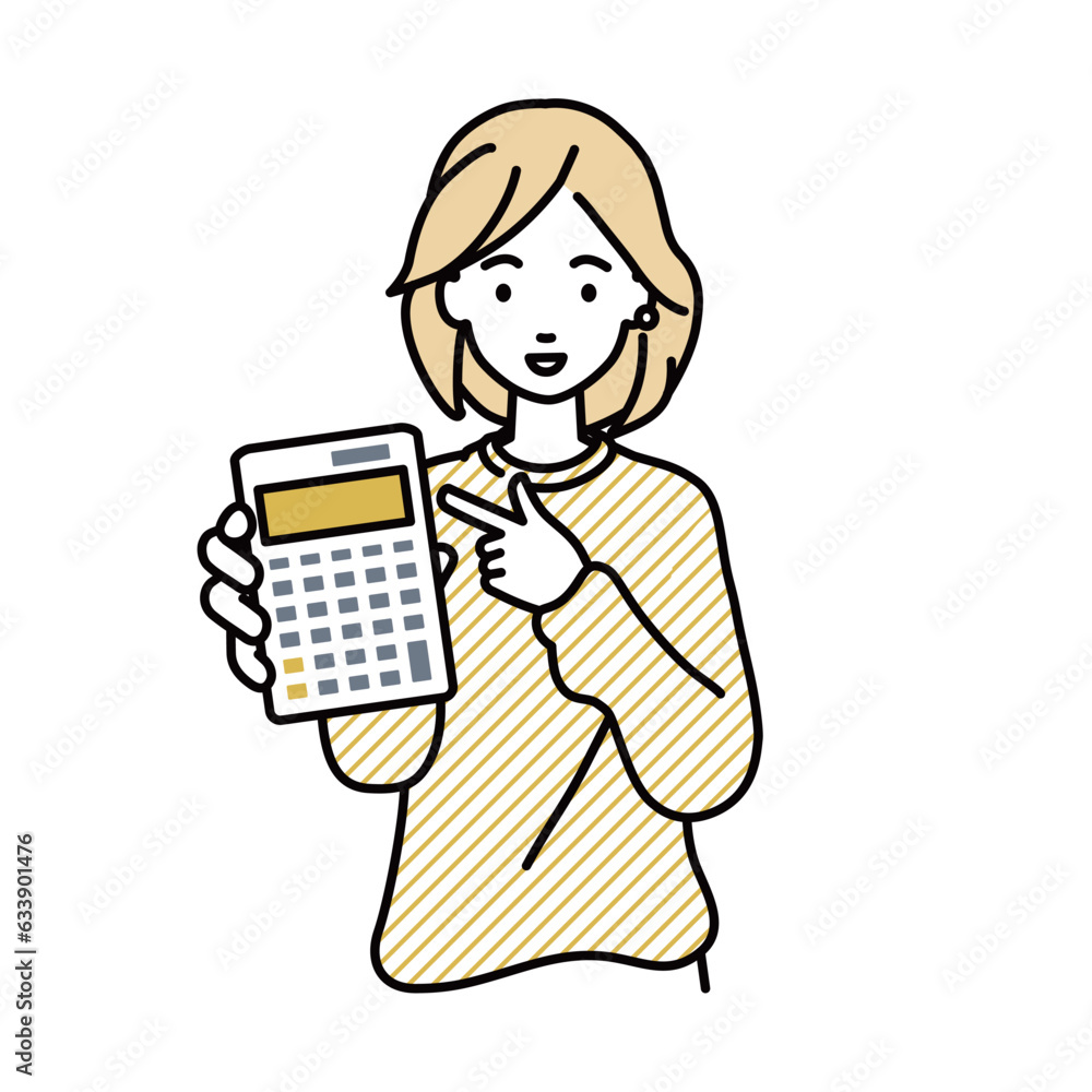 a woman in casual style recommending, proposing, showing and pointing a calculator with a smile a woman in casual style recommending, proposing, showing and pointing a calculator with a smile
