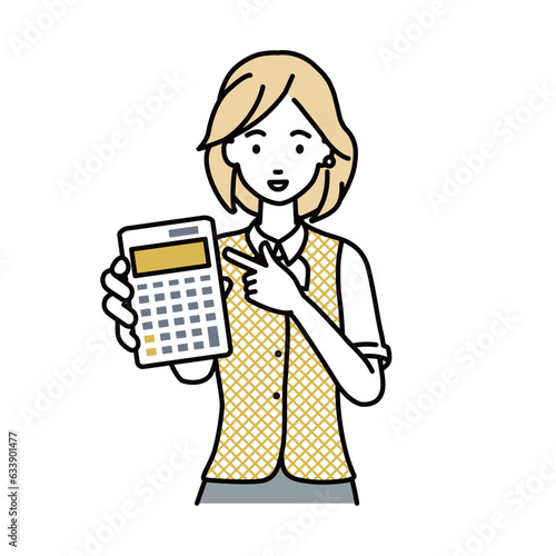 a woman in clerical uniform recommending, proposing, showing estimates and pointing a calculator with a smile