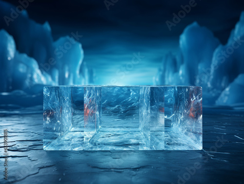 Ice podium for product display or showcase presentation for advertising photo